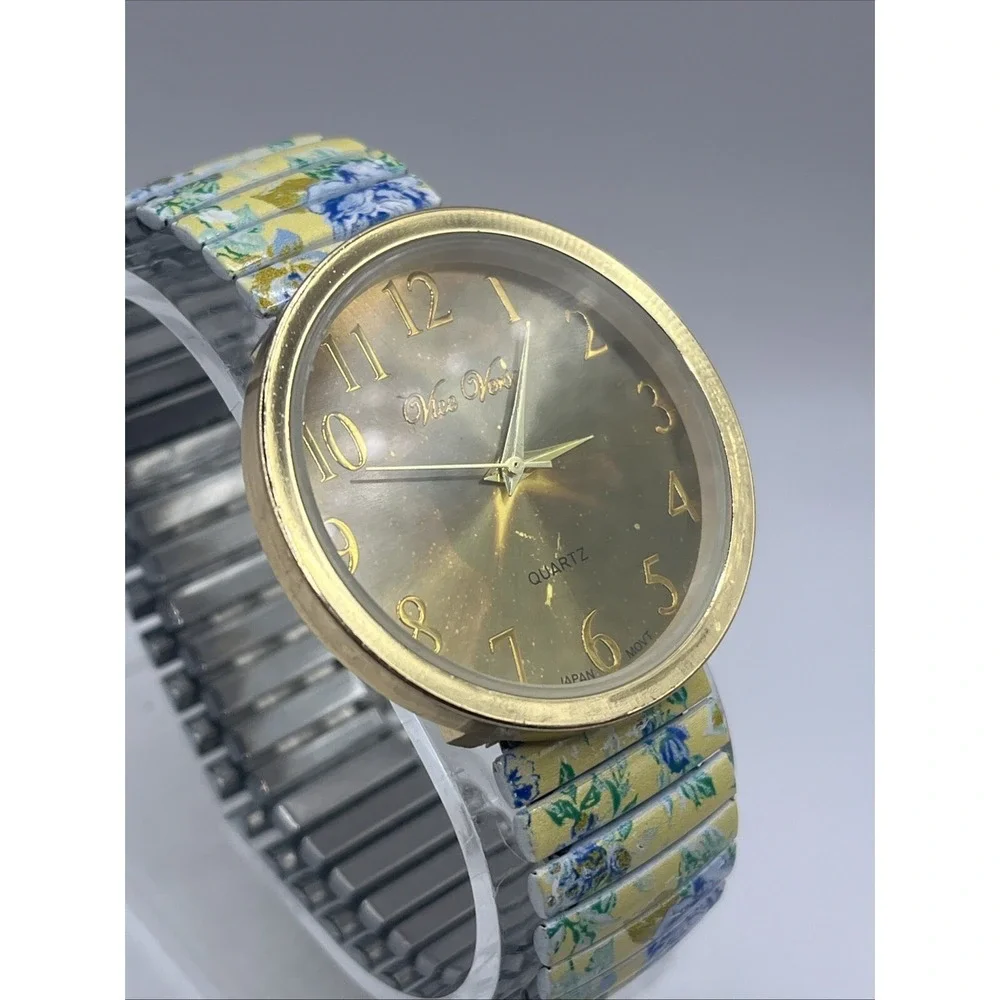 Vice Versa Women's Quartz Watch‎ Floral Stretch Band Gold 40mm Case- New Battery